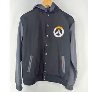 Blizzard Overwatch Varsity Jacket Mens M Black Gray Hooded Snap Button Bomber OW